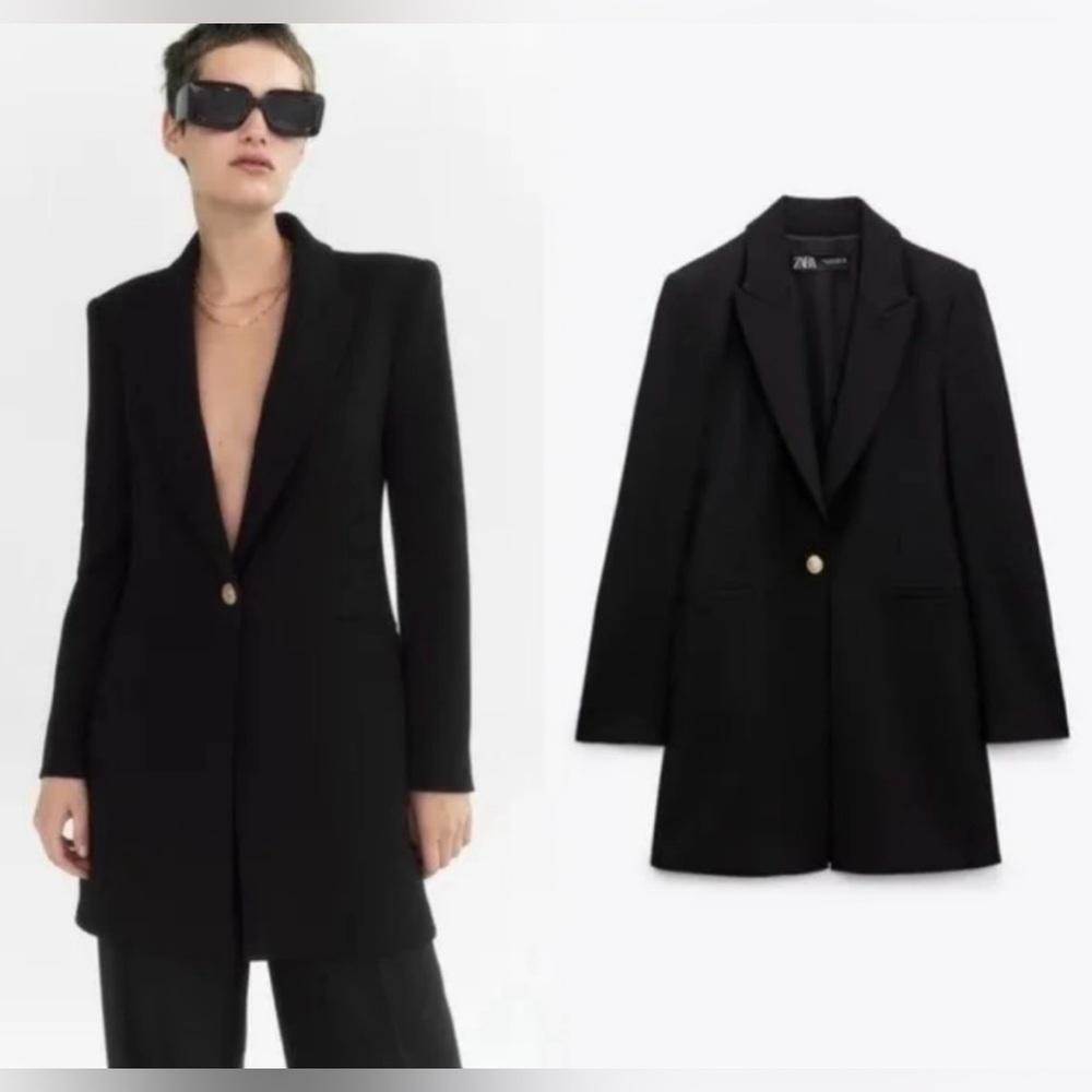 NWT Zara Long Fitted Blazer Lapel Collar, Shoulder Pads Sz M #951026